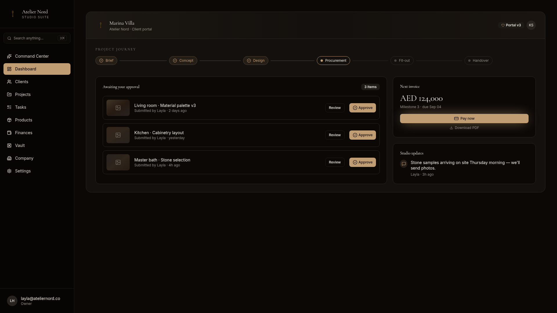 Nefru client portal showing project progress